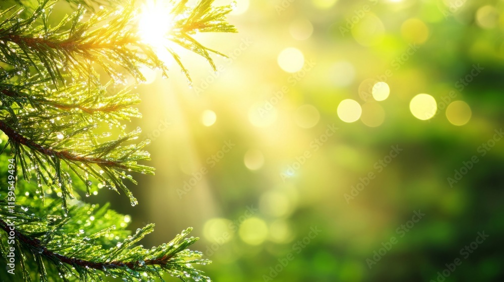 Lush green pine tree with water drops sparkling on needles, morning mist and soft sunlight in the background generative ai Lush green pine tree with water drops sparkling on needles, morning mist and soft sunlight in the background generative ai
