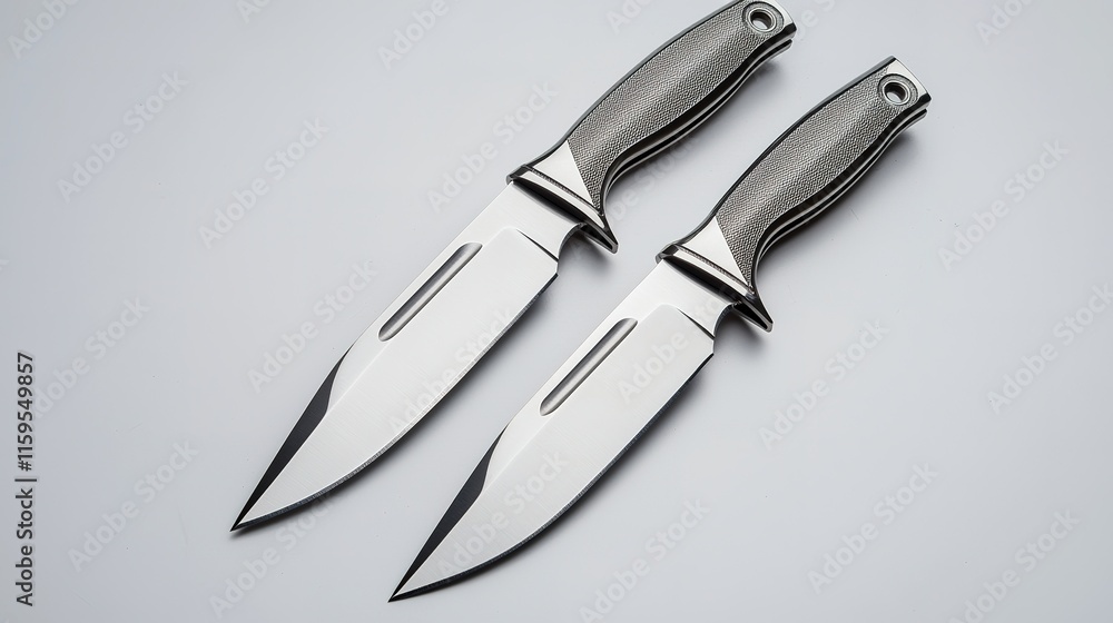 Obraz premium Two sleek, stainless steel knives with textured handles, positioned on a light backdrop, showcasing their sharp blades and elegant design.