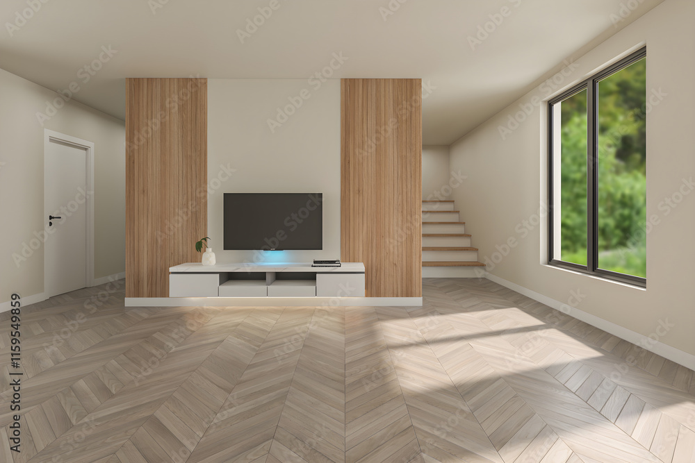 Fototapeta premium 3d rendering of an wooden floor empty room with stairs and wooden tv wall with cabinet