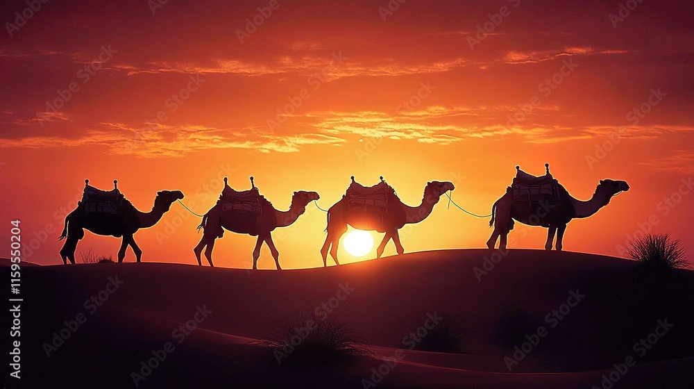 A silhouette of camels walking across sand dunes during a vibrant sunset, casting long shadows against a colorful sky.