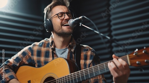 Leidenschaftlicher Musiker, der Akustikgitarrenstücke in einer schalldichten Studiokabine aufnimmt photo