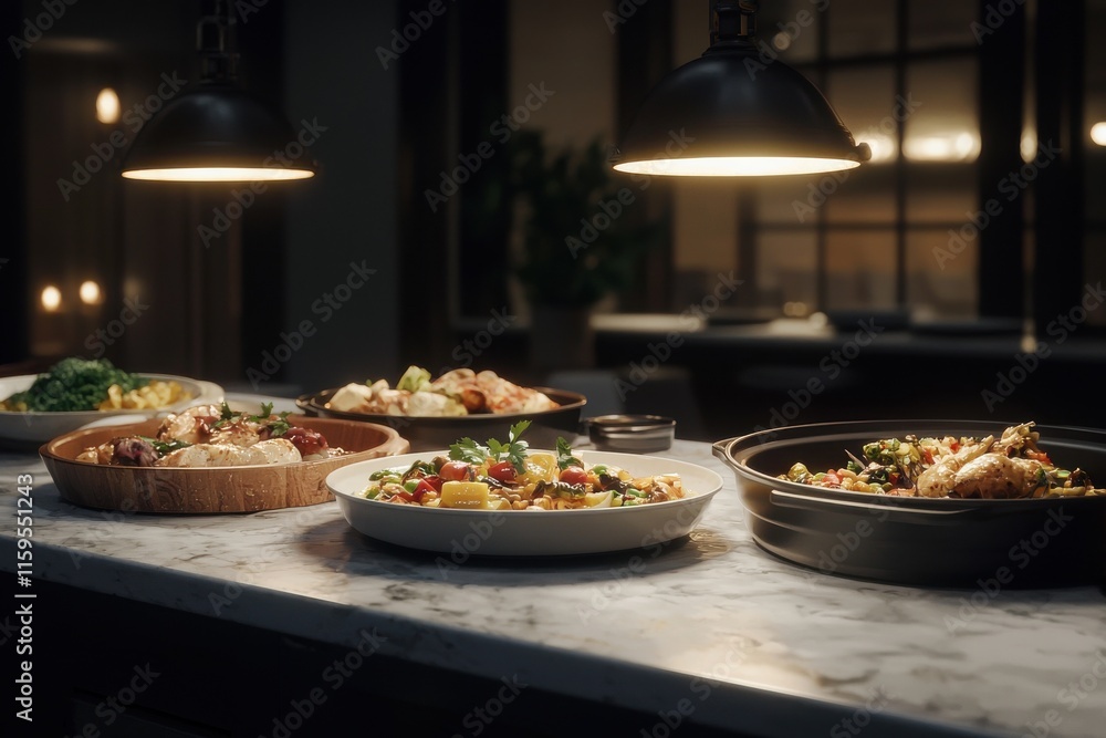 Elegant brunch buffet spread featuring delicious dishes home kitchen food cozy atmosphere close-up view Elegant brunch buffet spread featuring delicious dishes home kitchen food cozy atmosphere close-up view