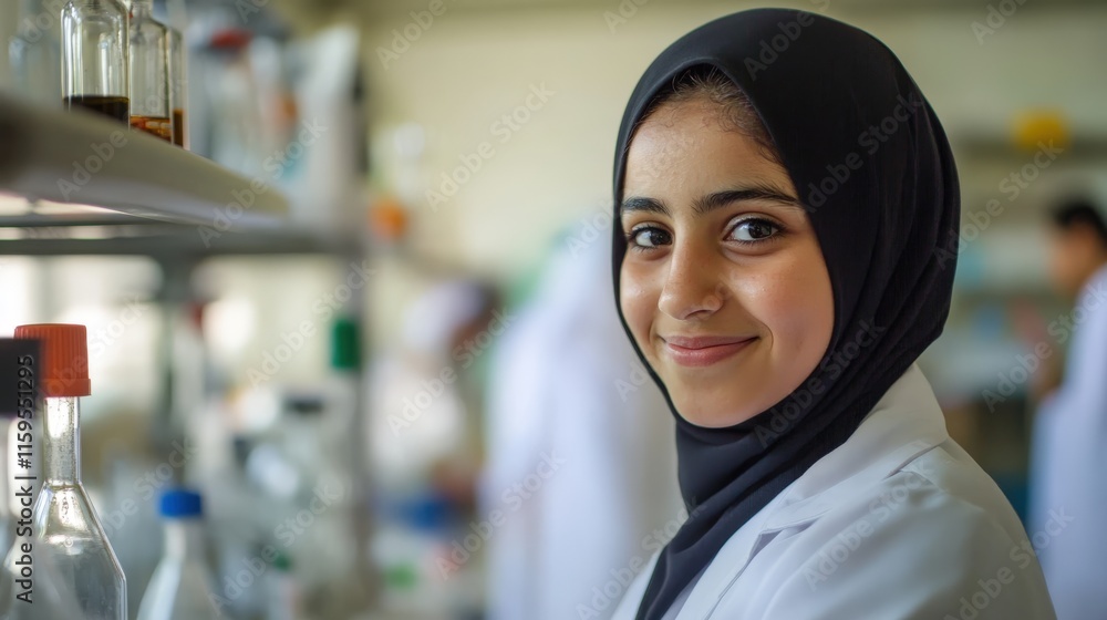 Young muslim female scientist smiling in laboratory research Young muslim female scientist smiling in laboratory research