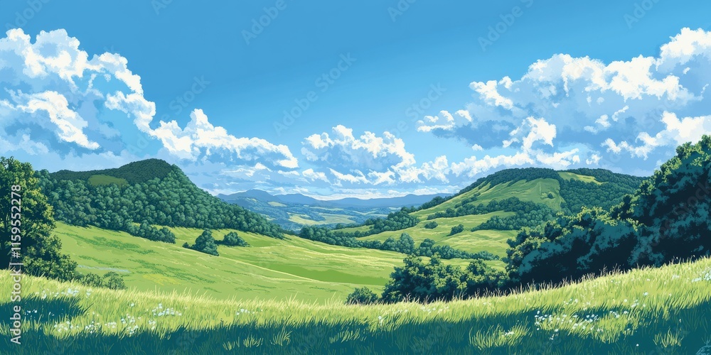 Fototapeta premium Bright grassland surrounded by trees and clear skies