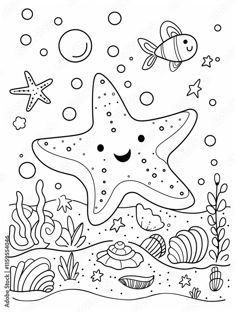 Children enjoy coloring a delightful underwater scene featuring a happy starfish and marine life in a fun activity for creativity Children enjoy coloring a delightful underwater scene featuring a happy starfish and marine life in a fun activity for creativity