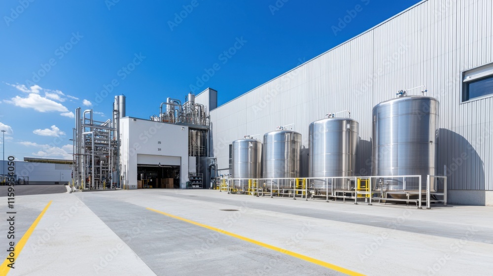 Industrielles Chemikalienlager mit Sicherheitsmaßnahmen und Stahlbehältern unter klarem Himmel Industrielles Chemikalienlager mit Sicherheitsmaßnahmen und Stahlbehältern unter klarem Himmel
