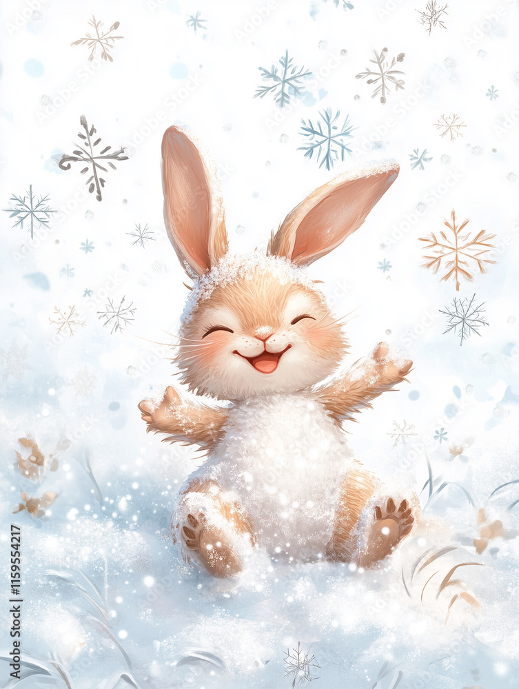 Fototapeta premium Charming illustrated rabbit joyfully playing in the snow during wintertime, surrounded by snowflakes and a cheerful atmosphere