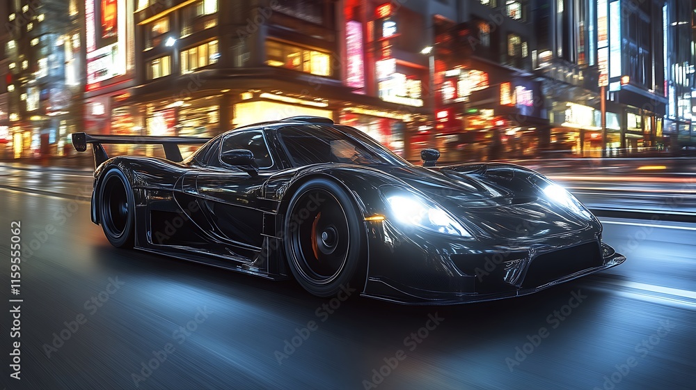Black supercar speeding through vibrant city at night. Black supercar speeding through vibrant city at night.