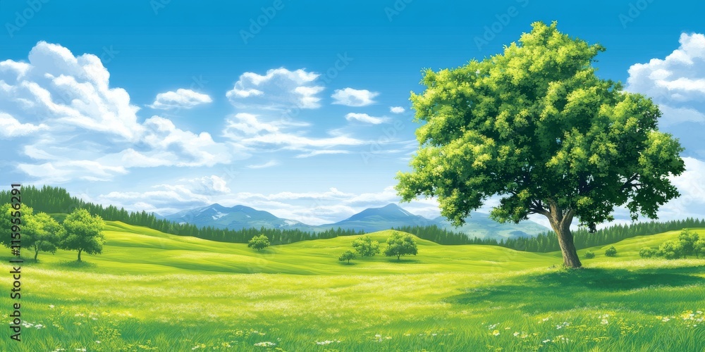 Forest edge with open grassland and mountain views Forest edge with open grassland and mountain views