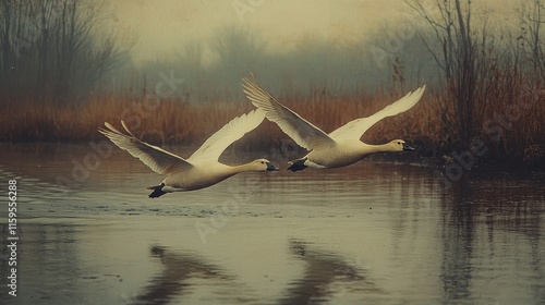Vintage Illustration of Geese in Flight Over a Quaint Countryside