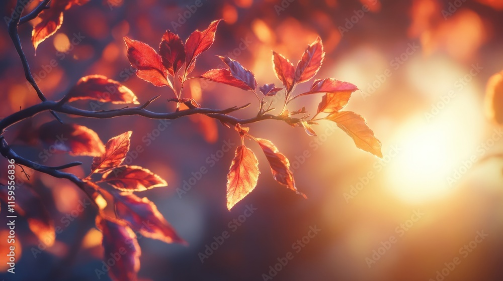 Maple branch with burning autumn leaves, sunlight streaming generative ai