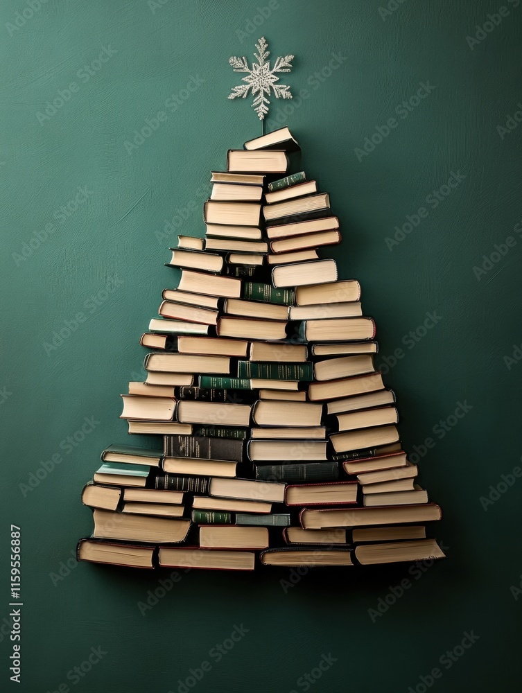 Creative Christmas tree design made entirely of stacked books against a green background. Generative AI Creative Christmas tree design made entirely of stacked books against a green background. Generative AI