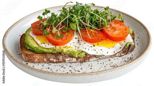 Frischer Avocado-Toast mit Microgreens und Tomaten auf Keramikteller für gesunde Brunch-Ideen photo