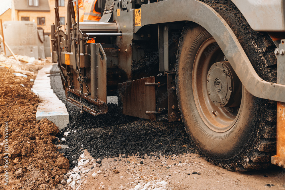 Fototapeta premium Construction crew laying asphalt on a new road in a residential area during daylight hours