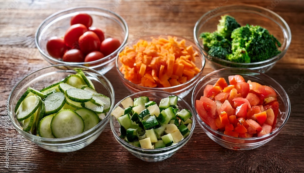 Prepared Chopped Vegetables Celery Tomato Pepper in Glass Bowls on wooden kitchen Table Prepared Chopped Vegetables Celery Tomato Pepper in Glass Bowls on wooden kitchen Table