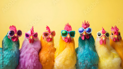 Wallpaper Mural Colorful chickens in sunglasses celebrating easter on a bright yellow background Torontodigital.ca