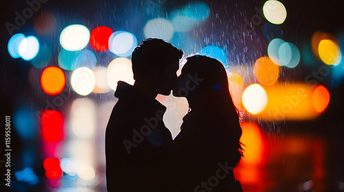 Young couple in love kissing in the rain