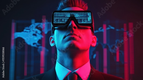 A man in a suit wearing futuristic glasses displays data against a vibrant, tech-inspired background of graphs and a world map.