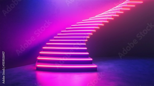 Abstract staircase made of bright neon lines leading upward, representing creative business success, climbing to success, innovation in business.