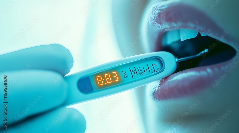 Obraz premium Close-up of a thermometer in a patient’s mouth, displaying a digital temperature, fever check, health monitoring.