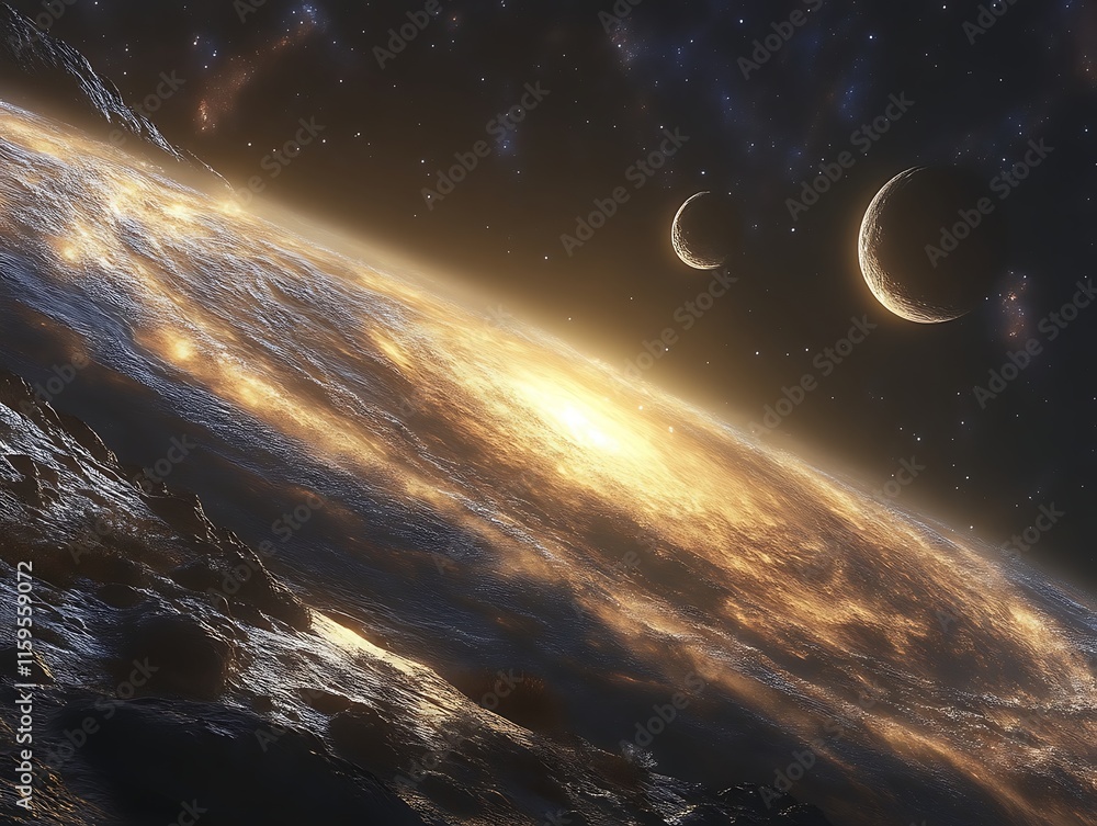 Obraz premium Alien planet sunrise with moons.