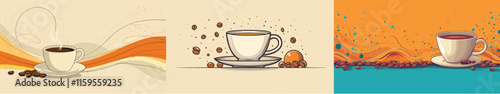 abstract coffee background with a steaming cup and coffee beans in a minimalist beige and orange gradient setting
