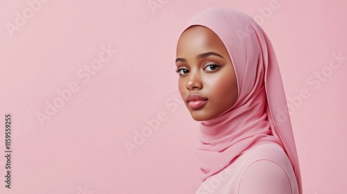 Elegante, dezente Mode: frühlingshafter Hijab-Stil und anmutige Pose auf rosa Hintergrund photo