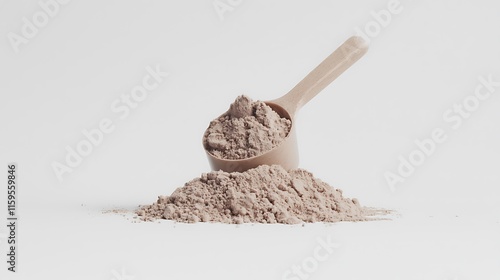 A scoop of whey protein powder against a clean white background, bright studio lighting highlighting the fine texture of the powder, minimalist composition with no distractions, mood of simplicity