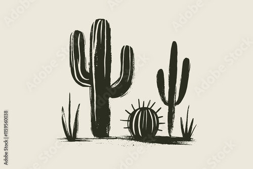 Vintage hand drawn vector illustration of cacti, simple monochrome art