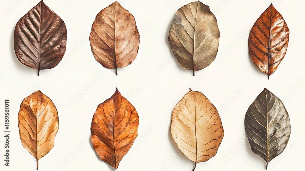 Fototapeta premium Green Leaf Collection: Artistic Watercolor and Detailed Digital Illustrations Featuring Clovers, Tropical Leaves, Falling Foliage, and Textured Dry Leaves - Perfect for Nature-Themed Designs and Decor