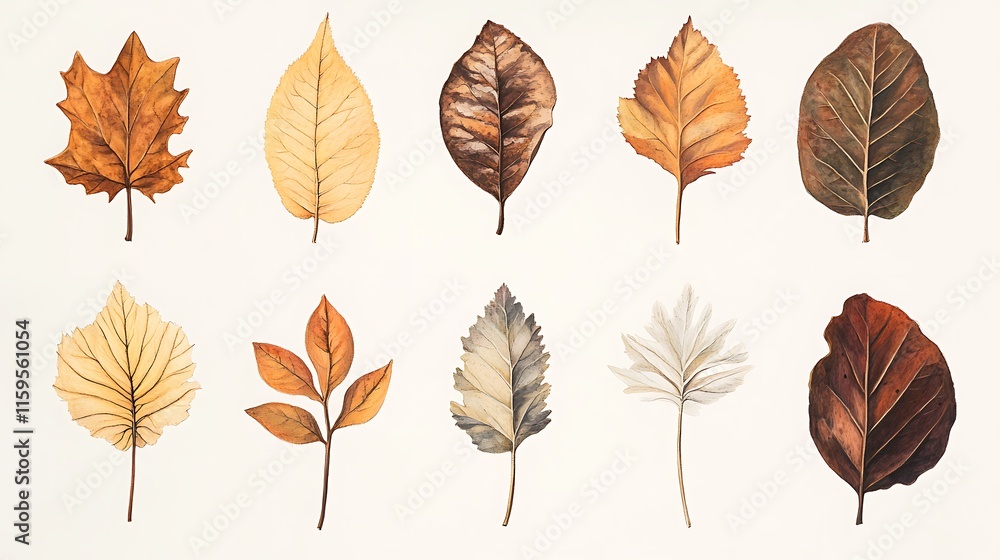 Obraz premium Green Leaf Collection: Artistic Watercolor and Detailed Digital Illustrations Featuring Clovers, Tropical Leaves, Falling Foliage, and Textured Dry Leaves - Perfect for Nature-Themed Designs and Decor