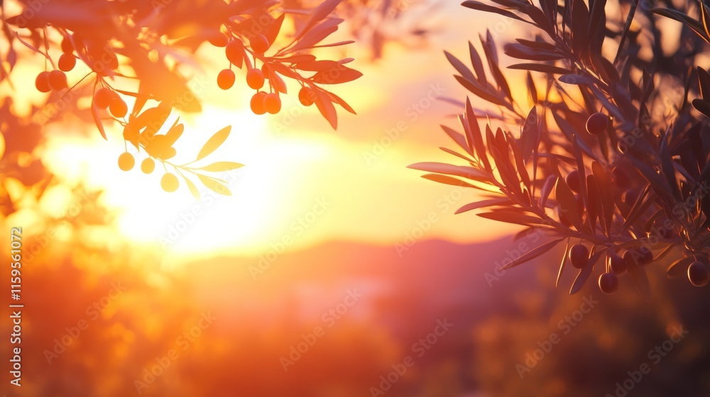 Olive tree branch with ripe olives, Mediterranean sunset background, warm tones generative ai Olive tree branch with ripe olives, Mediterranean sunset background, warm tones generative ai