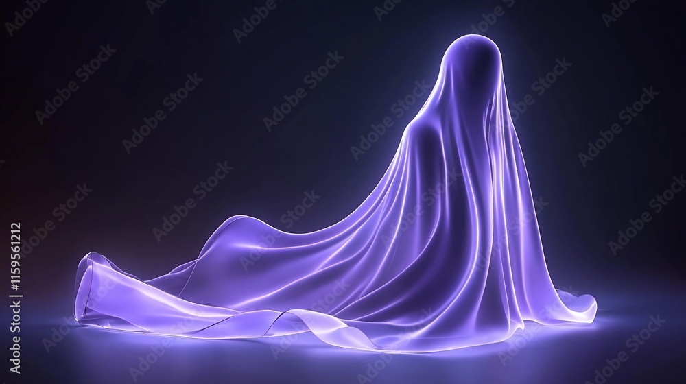 Glowing purple figure draped in sheer fabric, lying down. Glowing purple figure draped in sheer fabric, lying down.
