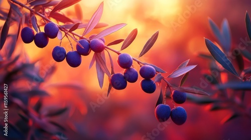 Olive tree branch with ripe olives, Mediterranean sunset background, warm tones generative ai