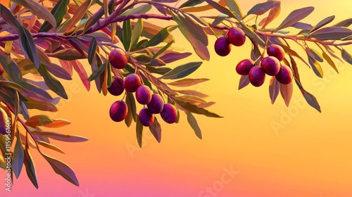 Olive tree branch with ripe olives, Mediterranean sunset background, warm tones generative ai