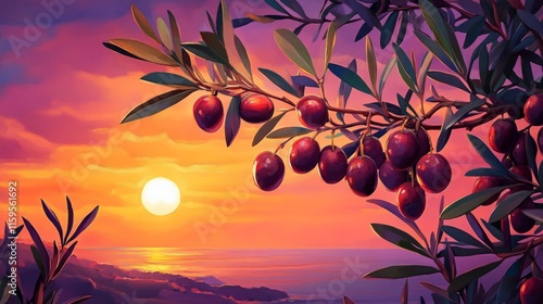 Olive tree branch with ripe olives, Mediterranean sunset background, warm tones generative ai