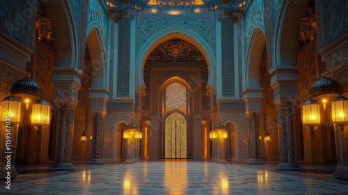 Wide-angle shot of interior of a majestic mosque, Islamic background.