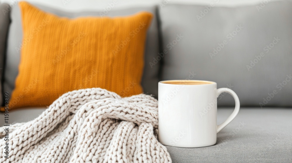 Gemütliche Wohnzimmerszene mit Strickdecke und warmem Kaffee für Frühlingsbehaglichkeit Gemütliche Wohnzimmerszene mit Strickdecke und warmem Kaffee für Frühlingsbehaglichkeit