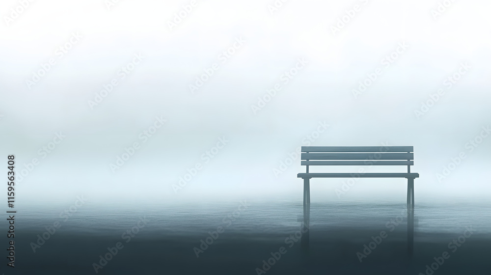 Lone Wooden Bench in Foggy Park: Symbol of Solitude Lone Wooden Bench in Foggy Park: Symbol of Solitude
