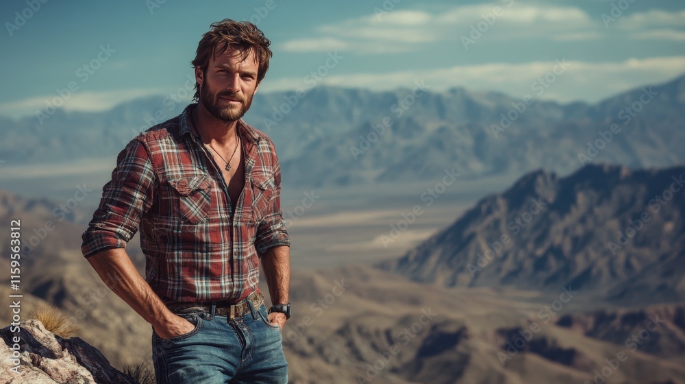 Fototapeta premium Rugged Man Stands Against Majestic Mountain Range