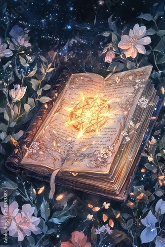 Ancient spellbook glowing with a golden magical symbol surrounded by flowers and leaves under a starry night sky in a watercolor style