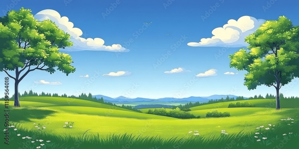 Quiet valley with green fields and forest shadows Quiet valley with green fields and forest shadows