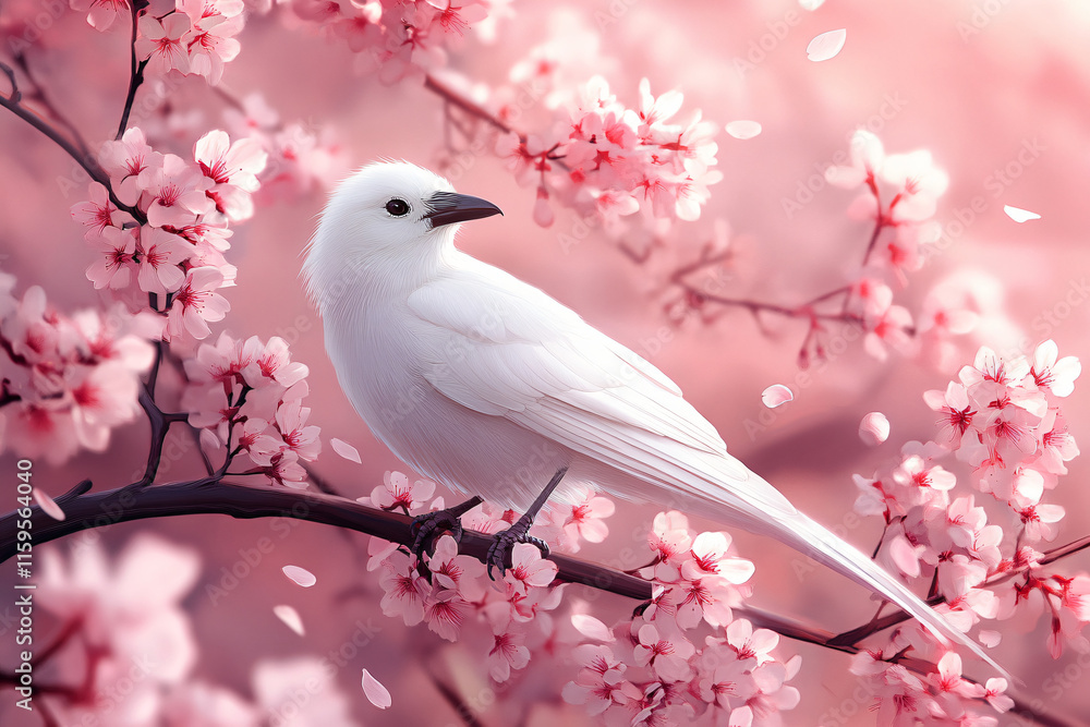 Captivating white bird perched on cherry blossom branch during springtime in a serene garden Captivating white bird perched on cherry blossom branch during springtime in a serene garden