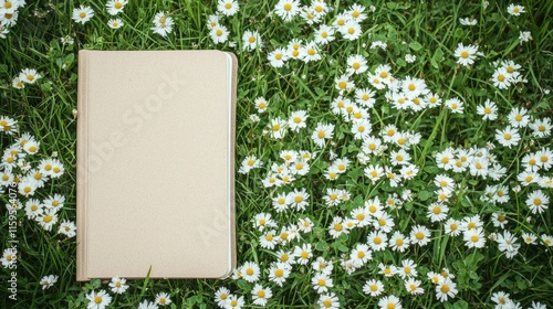 Besinnliches Tagebuchschreiben auf einer ruhigen Wiese inmitten von Frühlingsblüten photo