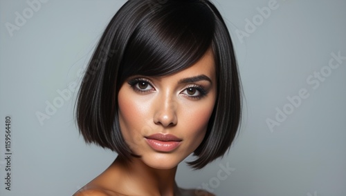 Elegant Woman with Serene Expression Showcasing Modern Bob Hairstyle Against Neutral Grey Background
