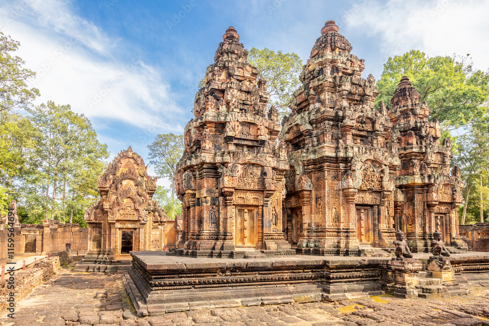 Hidden in jungles hindu Banteay Srei khmer ruined temple inner yard, Angkor Archaeological Park, Siem Reap, Cambodia Hidden in jungles hindu Banteay Srei khmer ruined temple inner yard, Angkor Archaeological Park, Siem Reap, Cambodia