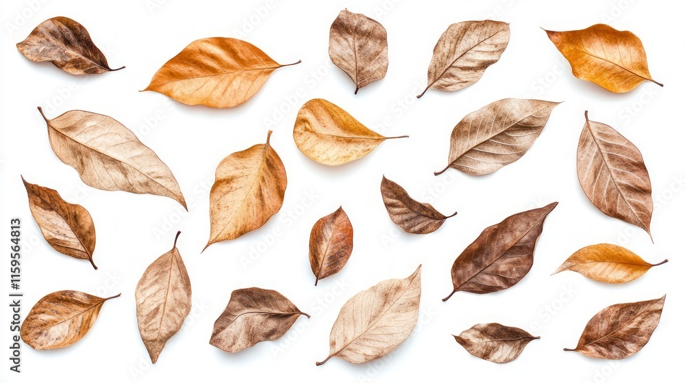 Multiple dried leaves arranged on a white background. Multiple dried leaves arranged on a white background.