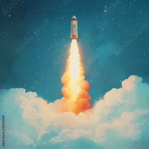 Rocket launching through clouds at night.
