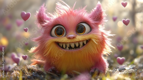 Happy pink furry creature surrounded by hearts.