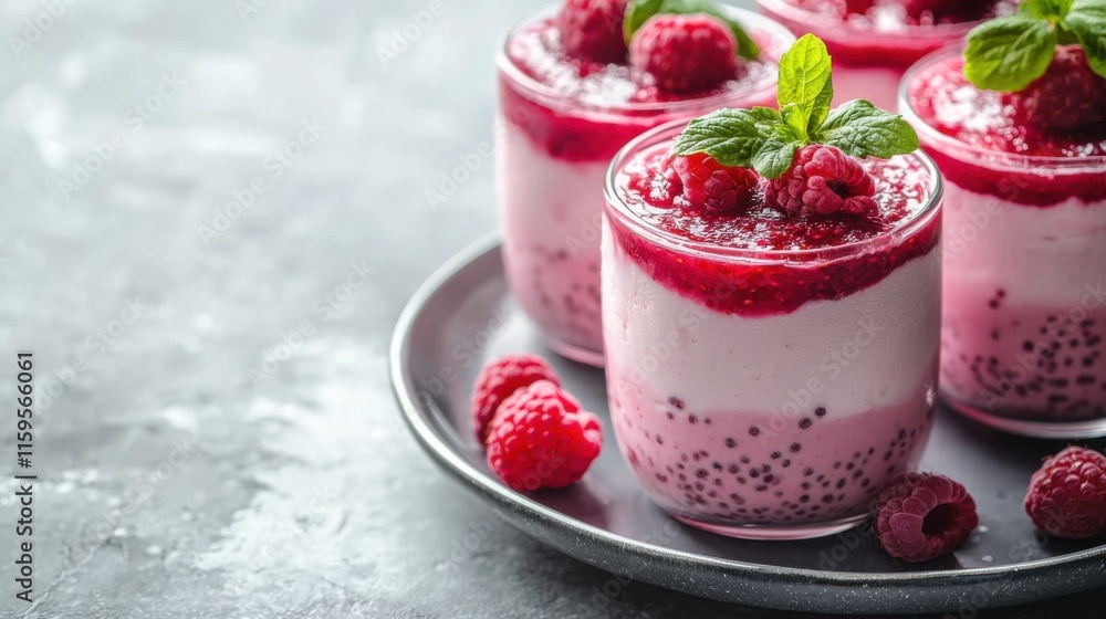 Modern dessert. Raspberry cream pudding of cylindrical shape with raspberry sauce. On a plate. Light gray background. Valentine's Day. Close up Modern dessert. Raspberry cream pudding of cylindrical shape with raspberry sauce. On a plate. Light gray background. Valentine's Day. Close up